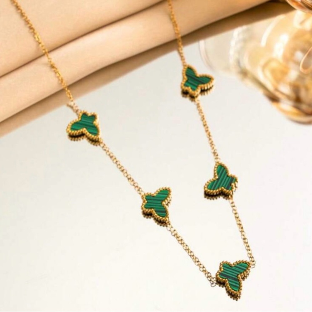 18 Karat Gold Plated Green Butterfly Motif Chain Necklace - Women Jewelry